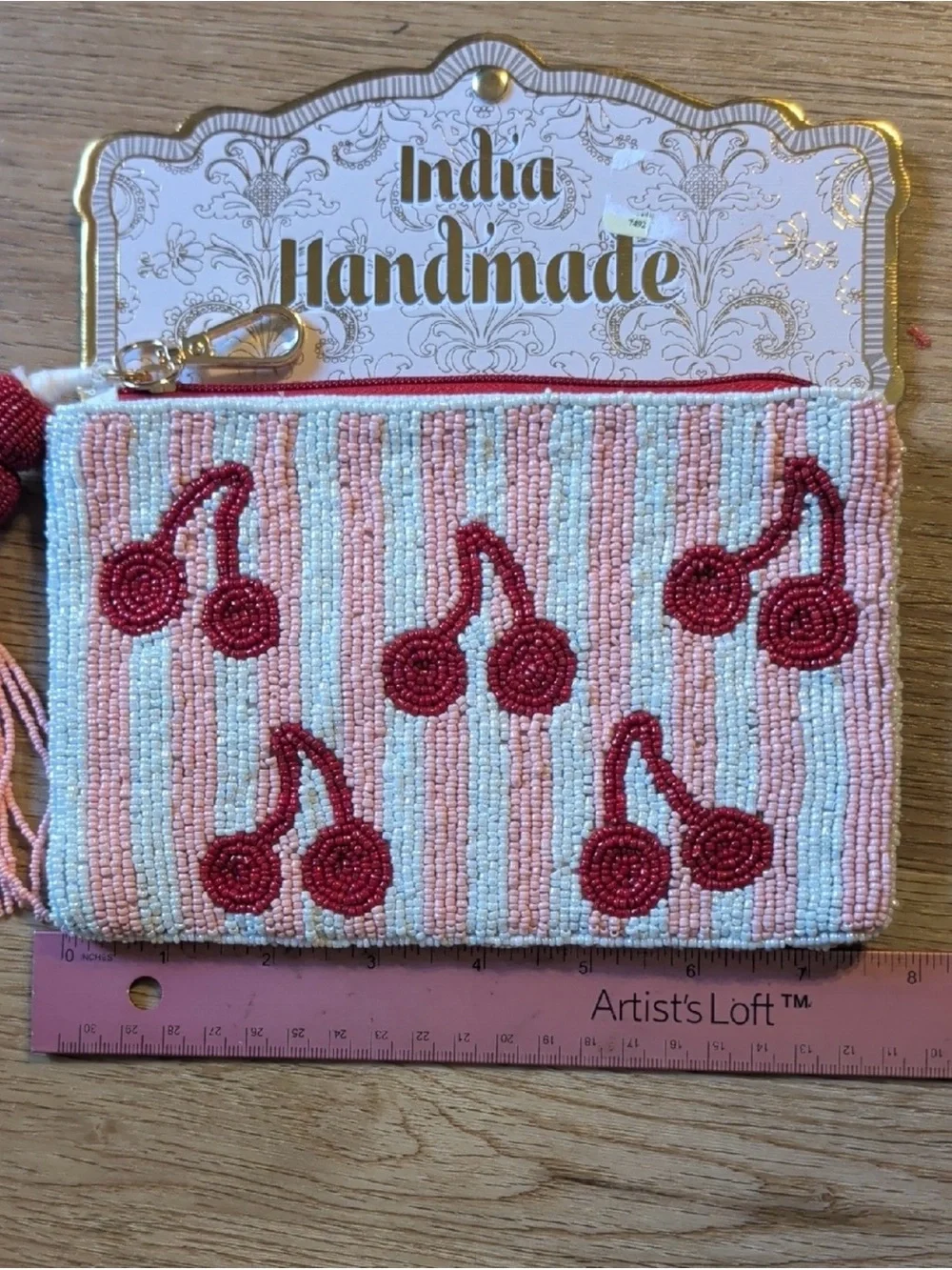 Handmade Pink & Light Blue Beaded Cherry Wristlet Pouch. NWOT
